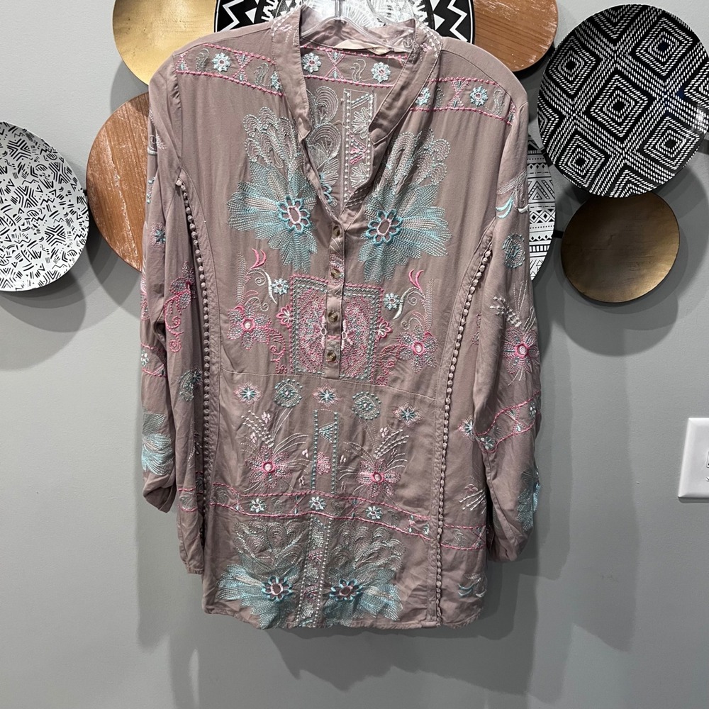 Soft Surroundings Embroidered Tunic Blouse Taupe Mauve Boho Floral Large